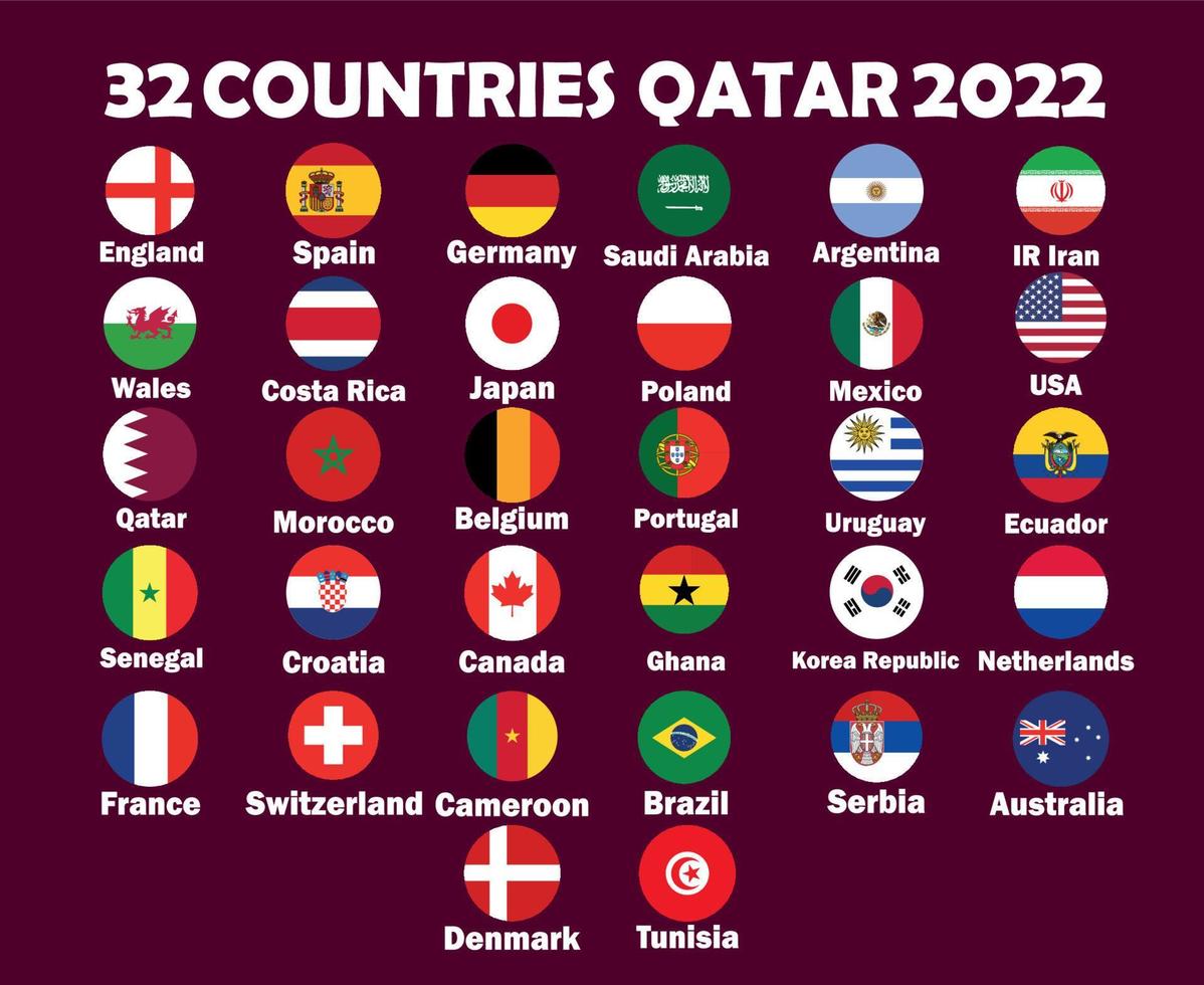 emblema de la bandera de 32 países con diseño de símbolo de nombres ilustración de equipos de fútbol de países de vector final de fútbol