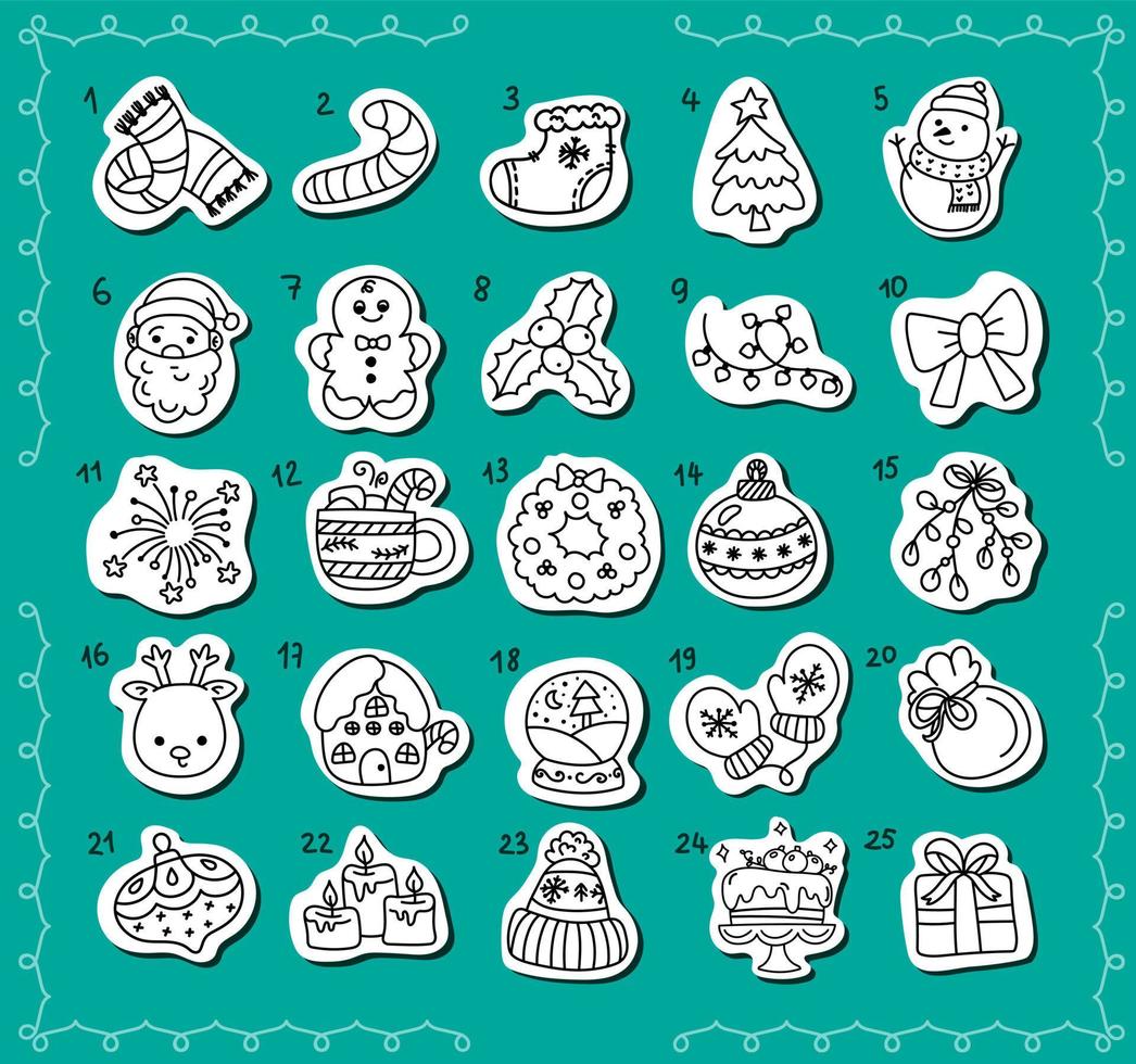 Christmas advent calendar. Set of coloring pages for kids. Christmas countdown coloring page with holiday elements, cute toys, deer, snowman, gift. Season activity. Vector hand drawn illustration.