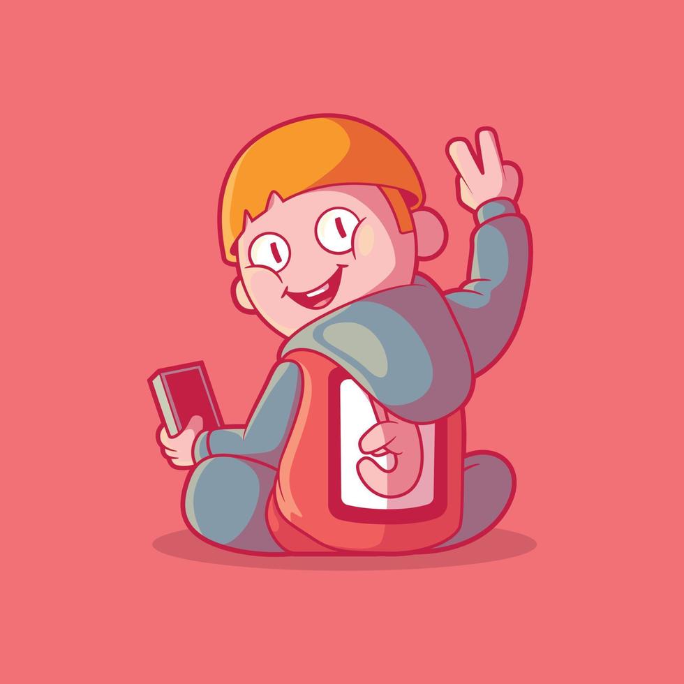 Kid making the peace sign vector illustration. Funny, technology, imagination design concept.