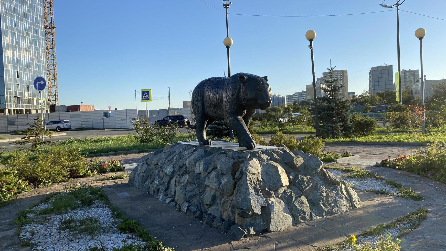 Vladivostok, Russia - September 20, 2022-Urban landscape with a view of the tiger sculpture. photo
