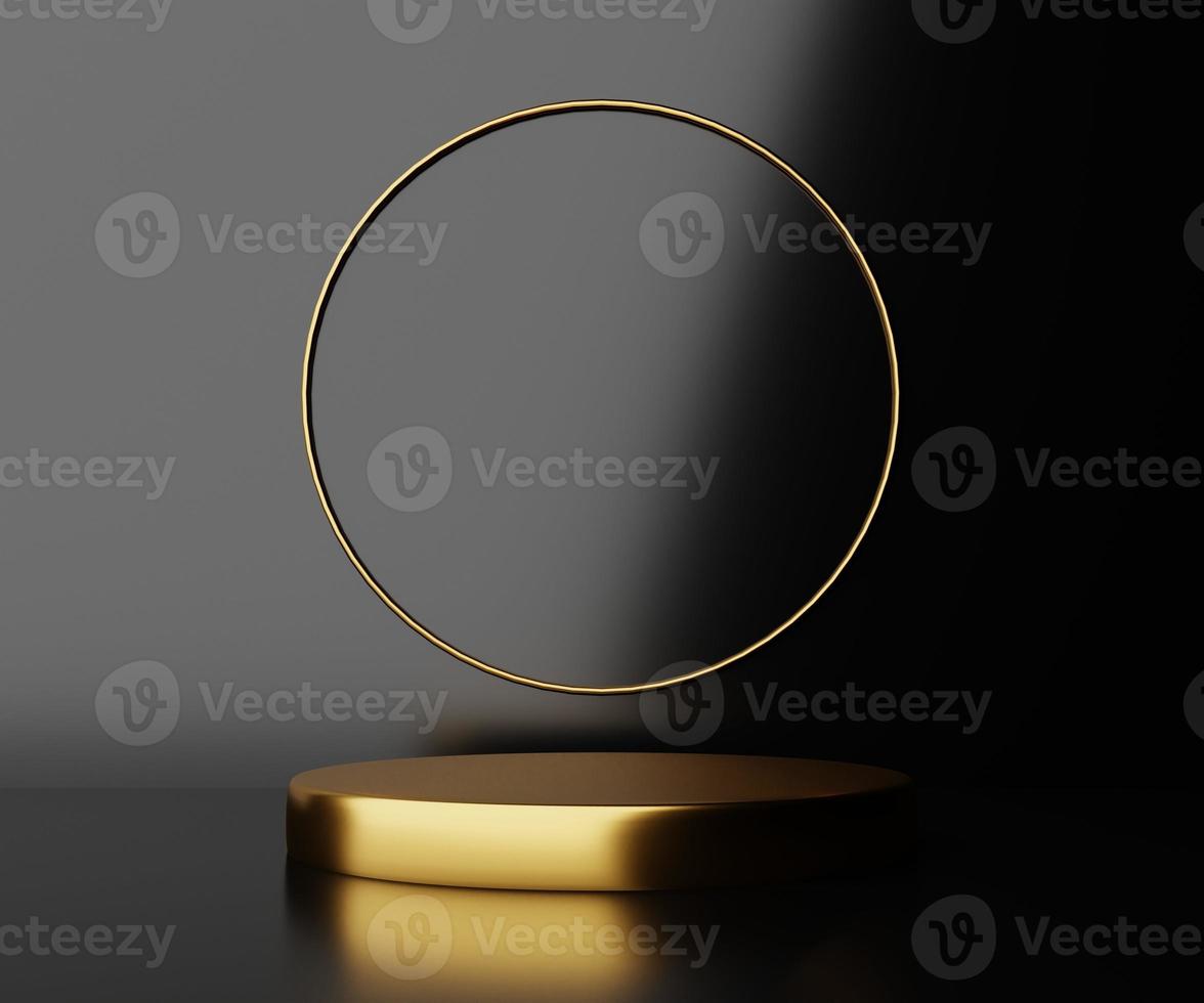 3D Luxury round podium in black and gold with a golden circle and a dark background photo