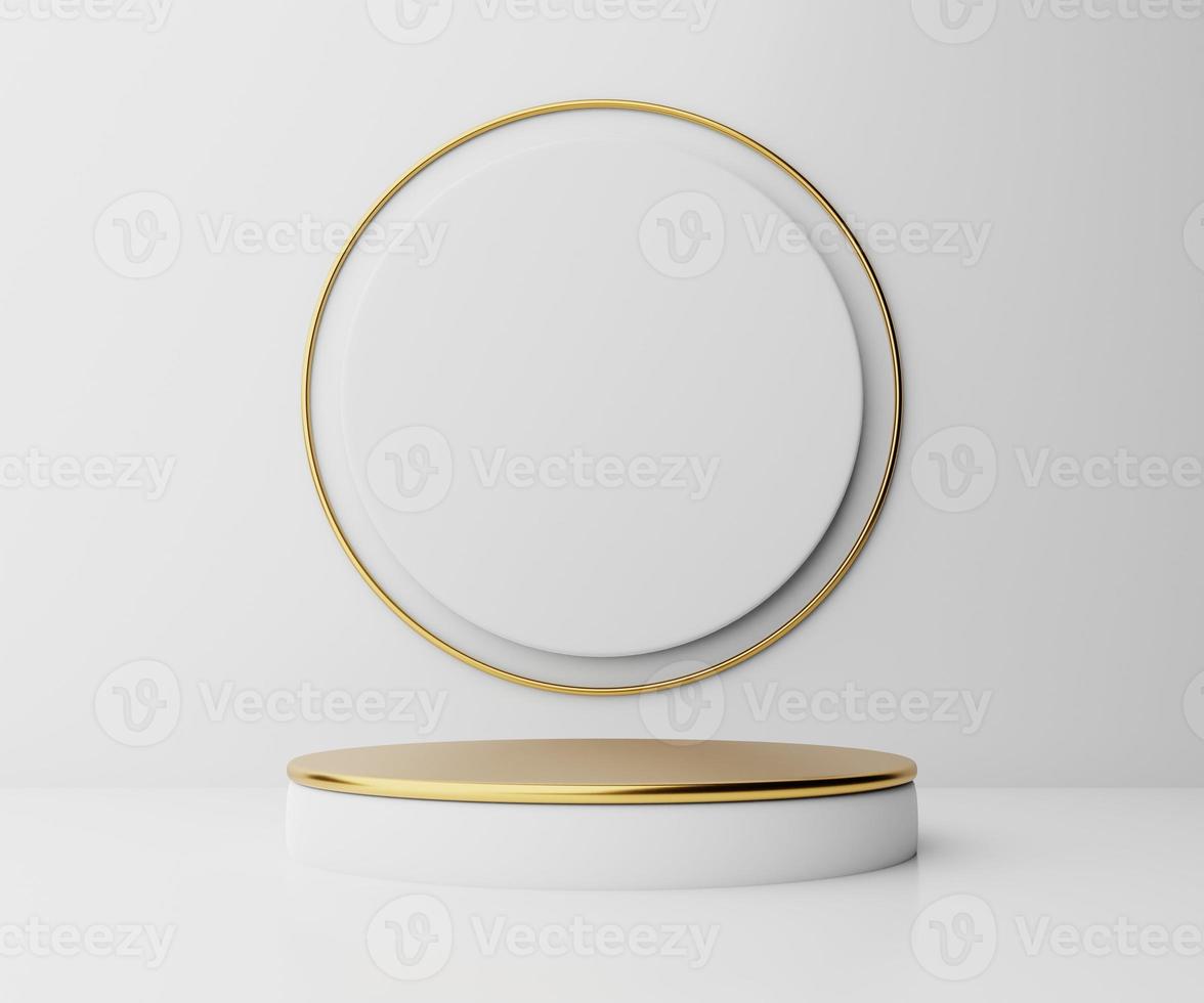 Realistic 3D podium white and gold display stand, Abstract geometric minimal product cosmetic blank space photo