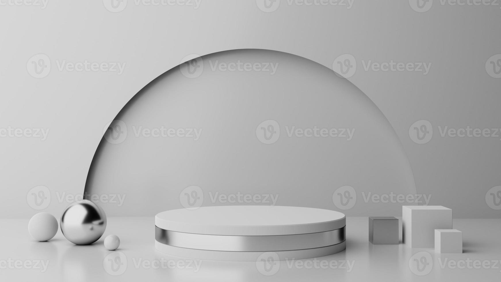 3D cylinder pedestal podium with geometric and steel circle scene background photo