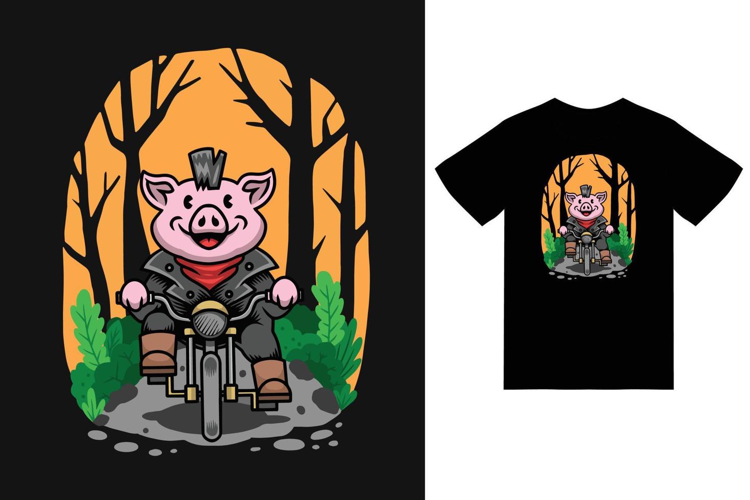 Cute pig riding bicycle illustration with t shirt design premium vector