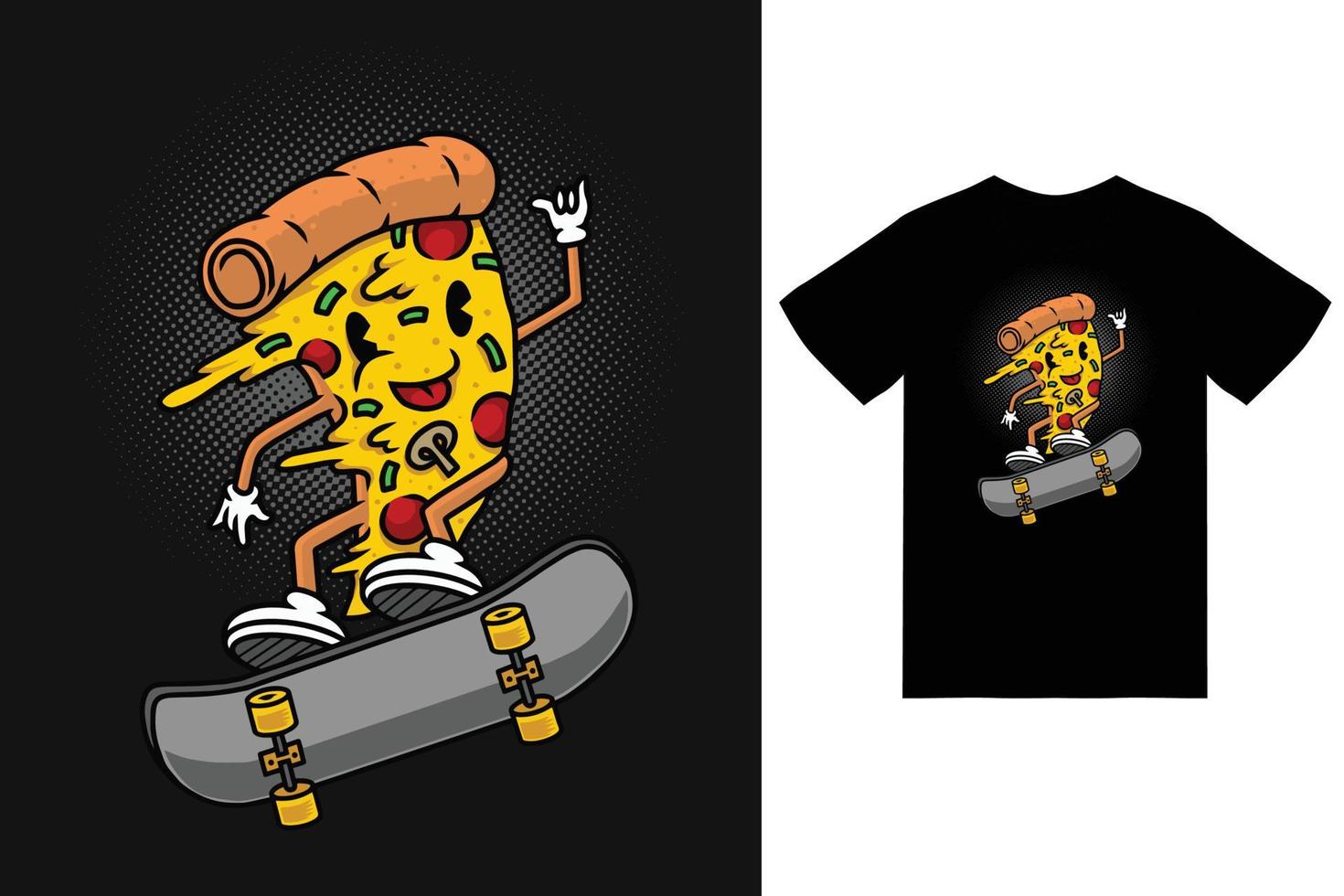 Cute mascot pizza skateboarding illustration with t shirt design premium vector