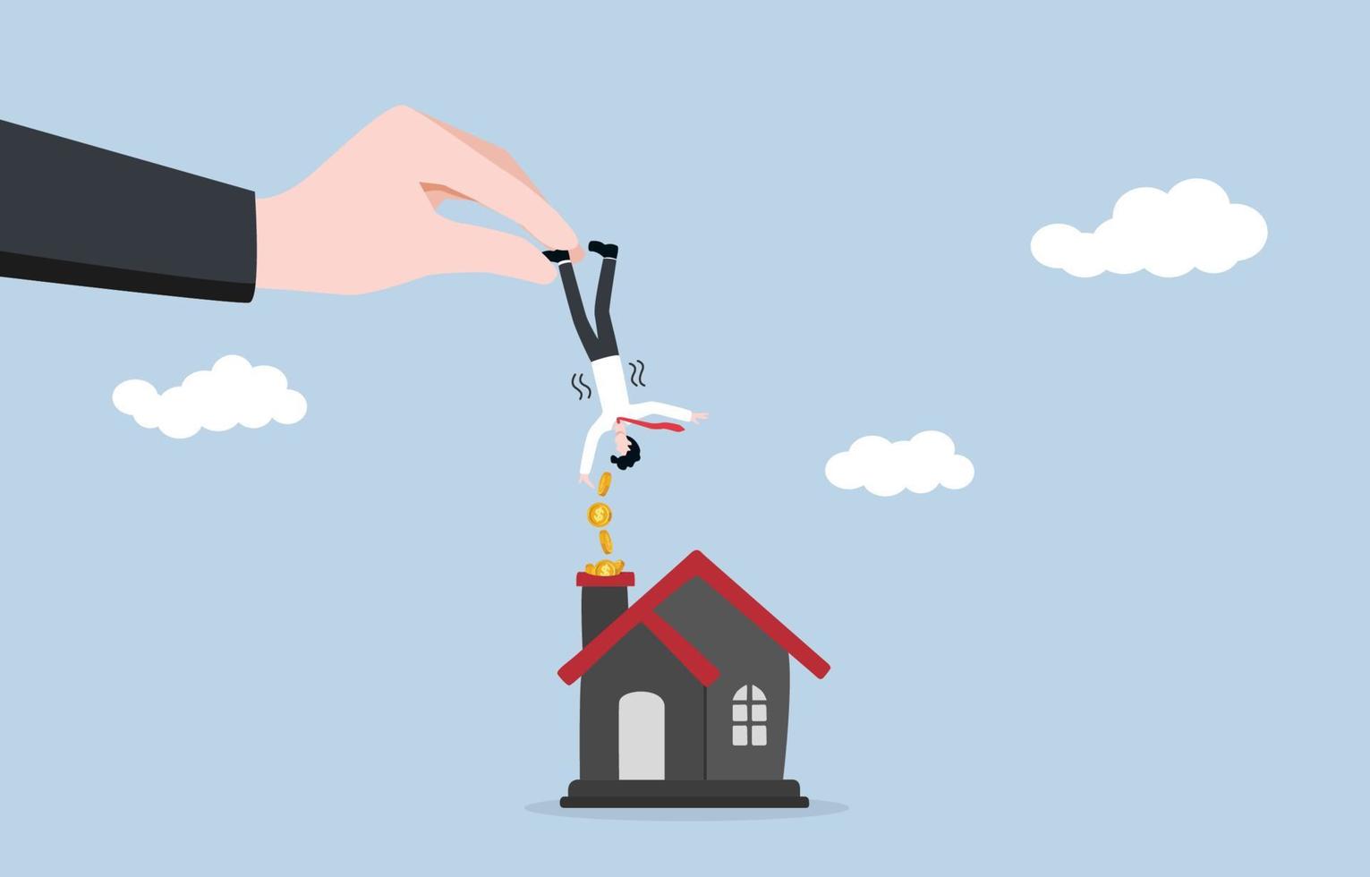 Reminder for paying off real estate or mortgage debt, bank repayment notification, Interest payment date concept. Bank staff catching tiny businessman and shaking to get money to house chimney slot. vector