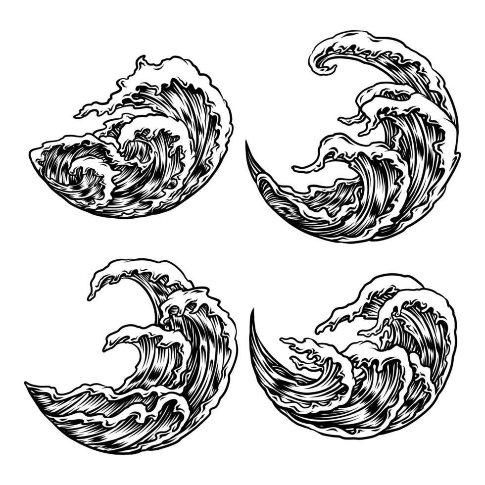 conjunto de olas del mar, ilustración vectorial de estilo de línea de dibujo a mano alzada vector