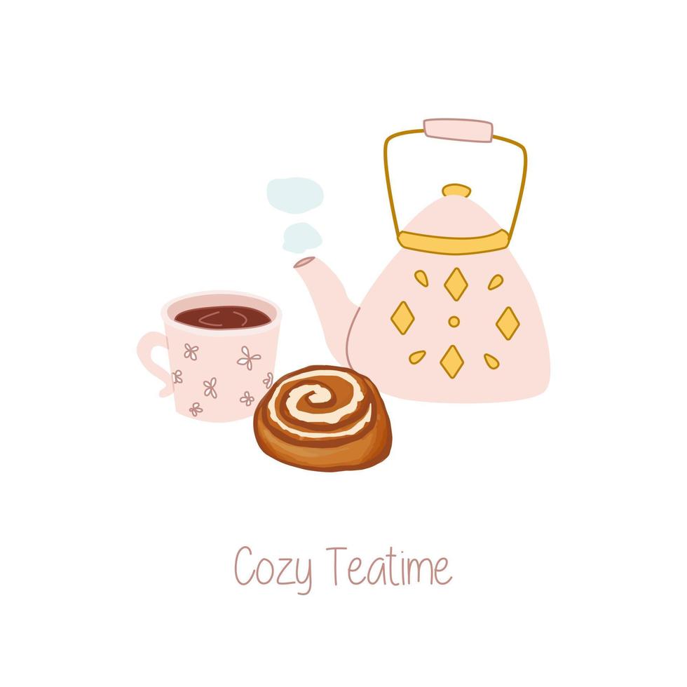 ilustración dibujada a mano de la acogedora hora del té, tetera rosa con una taza de té y rollo de canela vector