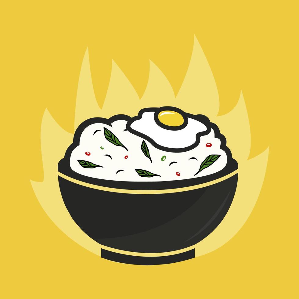 ilustración de vector de arroz de huevo en un tazón con hoja