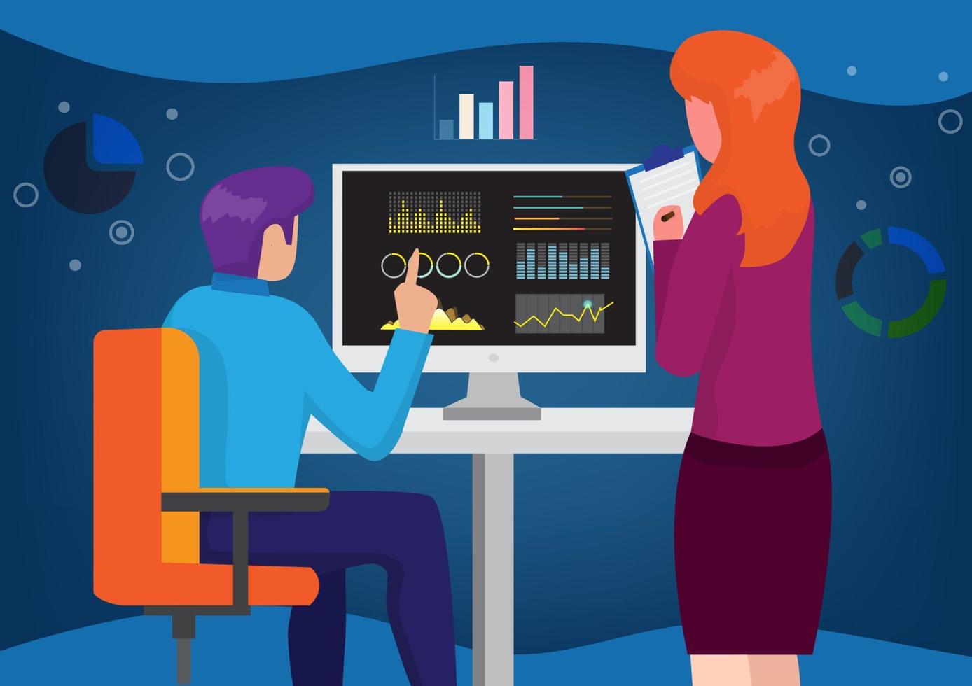 Head of work and business woman The two were analyzing and discussing graphs, charts and diagrams as one person pointed at a tablet screen at a meeting. vector illustration