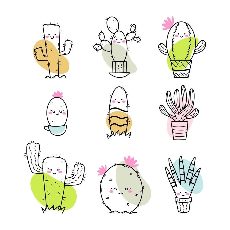 lindo cactus dibujado a mano. conjunto de elementos de garabatos. pegatina divertida. vector