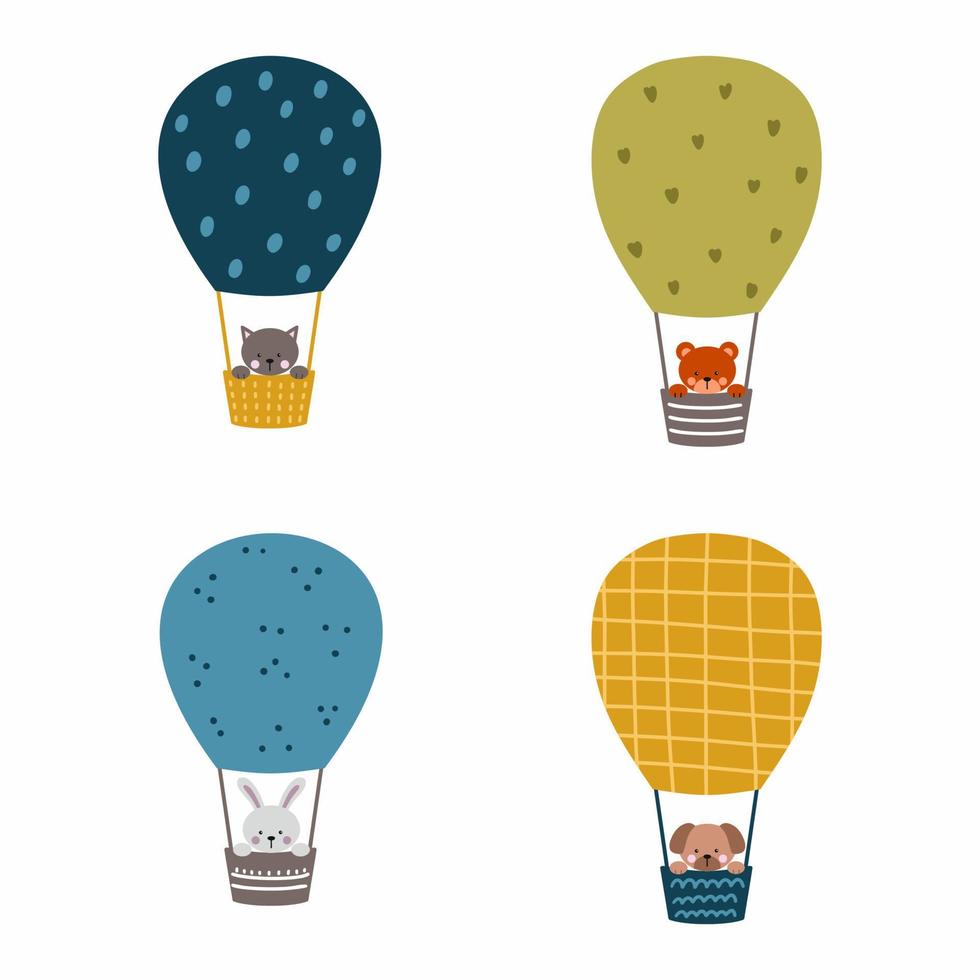 Set of children illustrations. Cute animal is flying in air balloon. Poster for nursery. vector