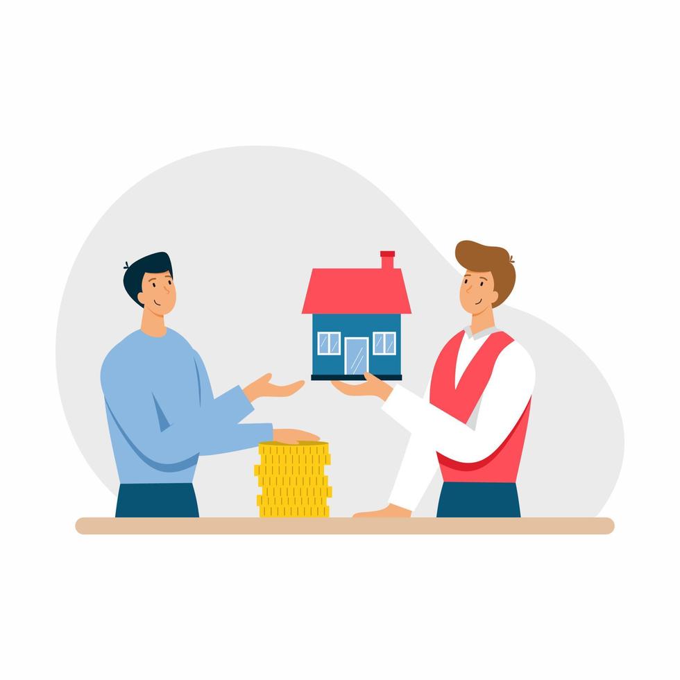Sale of real estate. Man buys house. Mortgage loan. Vector illustration