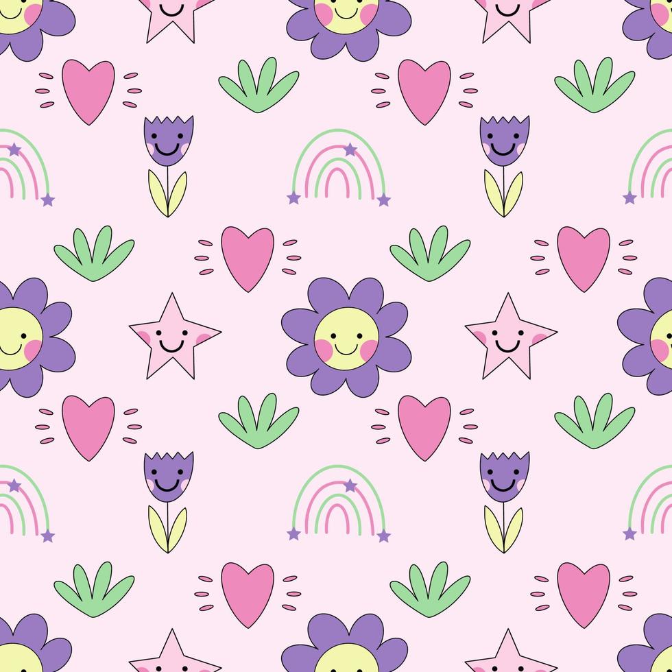 Seamless psychedelic background. Vaporwave 2000 Flower pattern. Wallpaper in style 90s. Printing on fabric and wrapping paper. Doodle set. vector