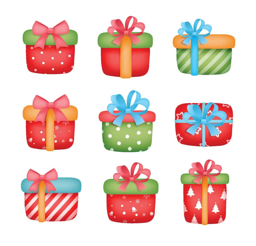 Christmas and happy new year gift boxes set on white background. vector