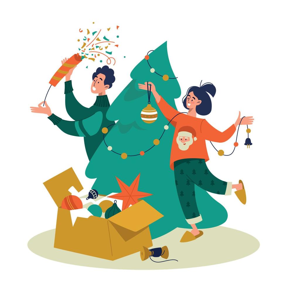 el hombre y la mujer se están preparando para navidad y año nuevo. una familia feliz decora un árbol de navidad en un interior acogedor. los personajes de moda celebran las vacaciones de invierno. imagen para sitio web, página de inicio. vector