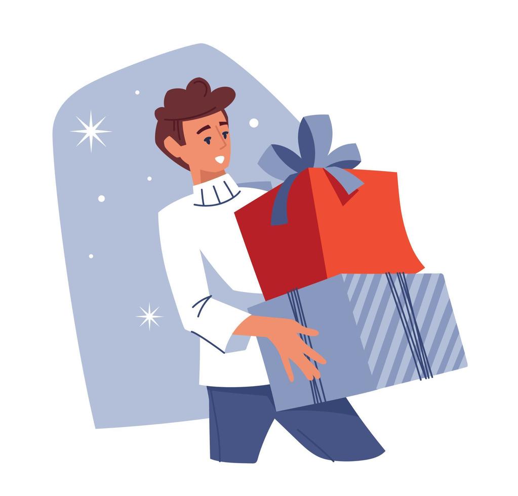 gente con regalos. hombre con una caja de regalo. preparándose para la navidad. imagen vectorial vector