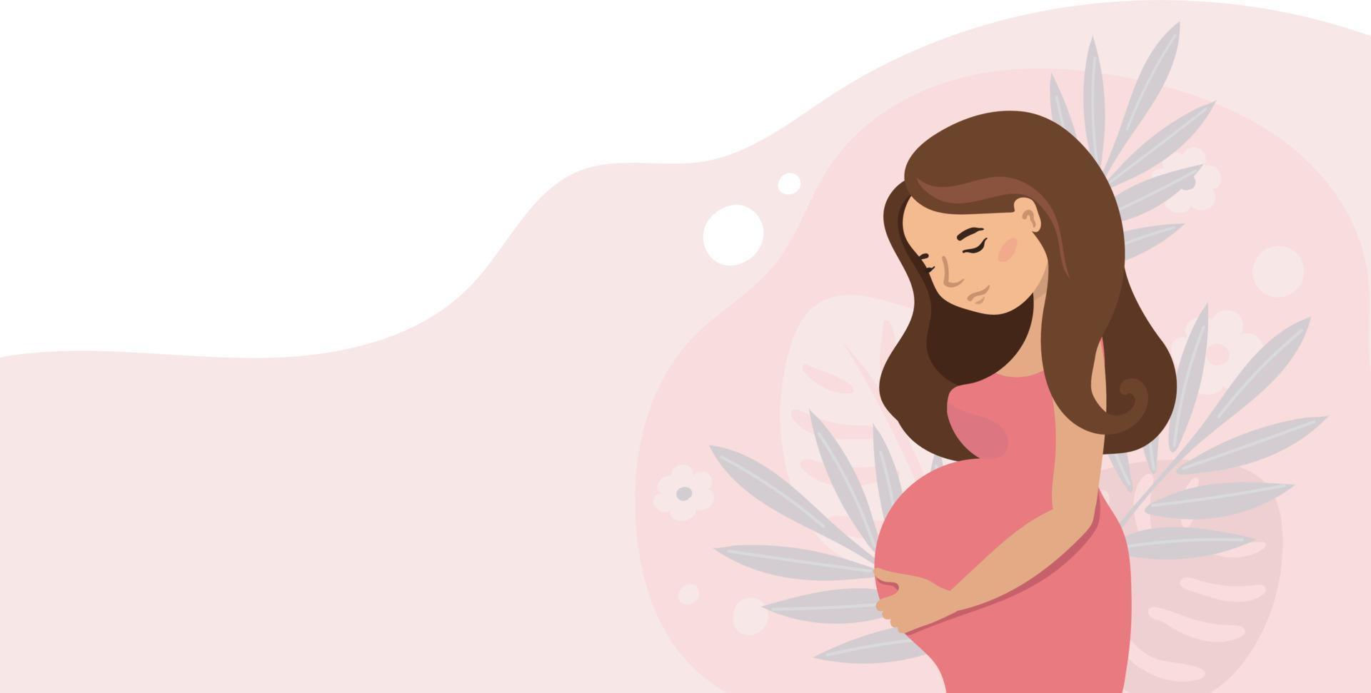 pregnant cute woman holding her belly . Pregnancy vector illustration in cartoon style.