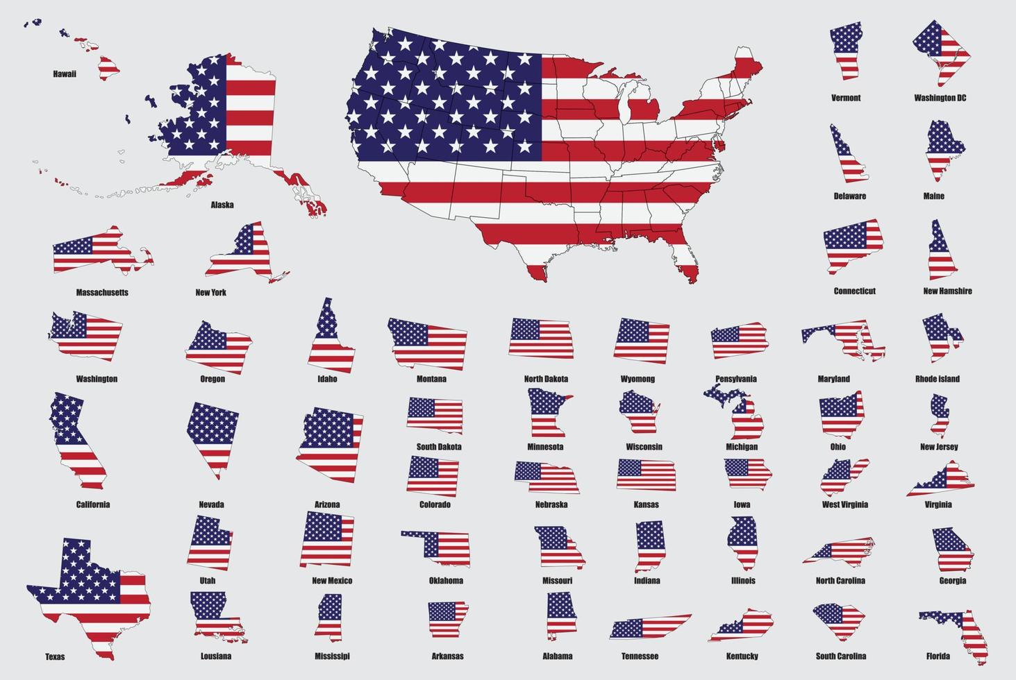 estados unidos de américa con cada mapa estatal en la bandera de estados unidos. vector