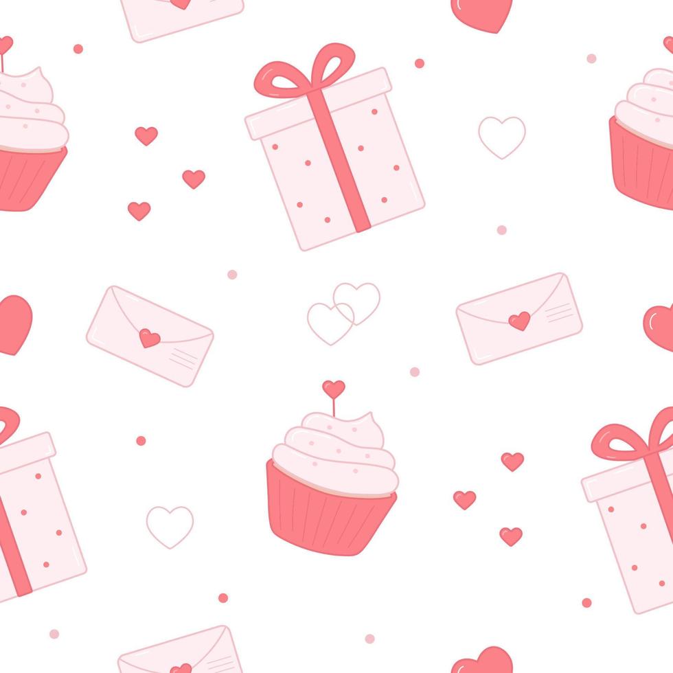 Seamless pattern with cupcake, gift box, letter and hearts. Cute Valentine's Day print for design, background, wrapping paper. Vector illustration