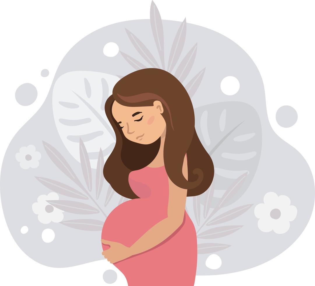 pregnant cute woman holding her belly . Pregnancy vector illustration in cartoon style.