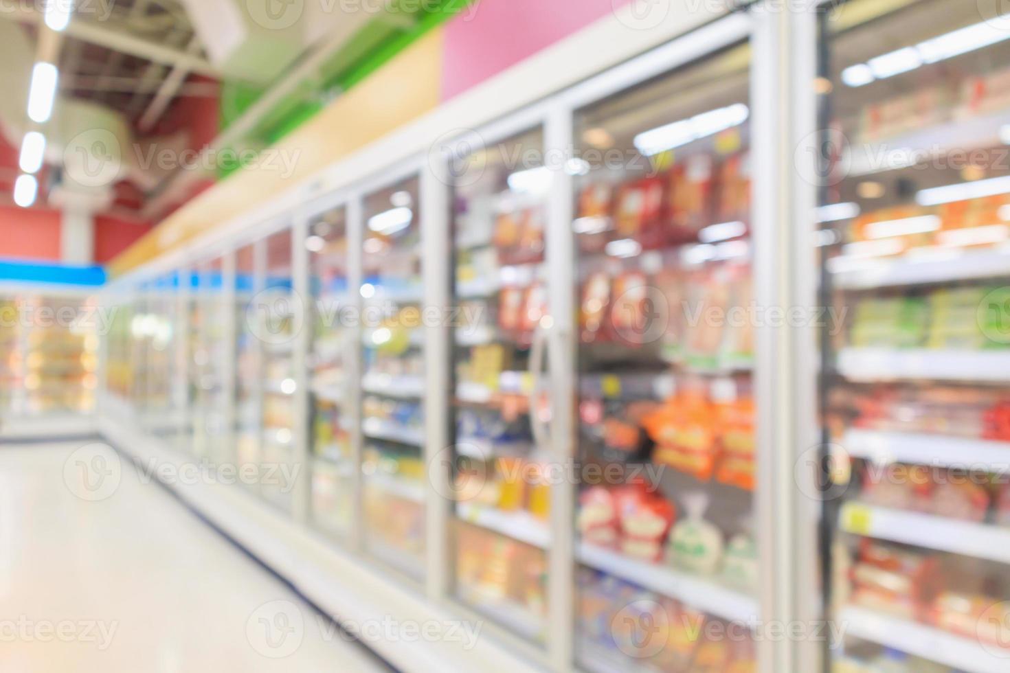 supermarket aisle with commercial refrigerators freezer showing frozen foods abstract blur background photo