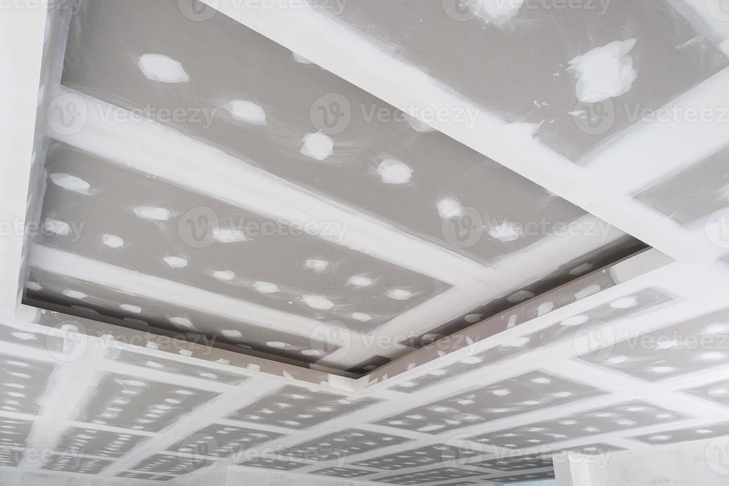 ceiling gypsum board installation at construction site photo