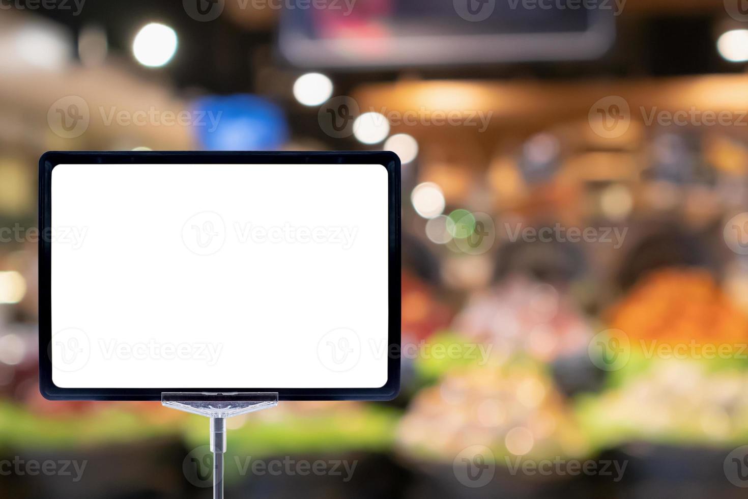 Mock up blank price board poster sign display with supermarket aisle abstract background photo