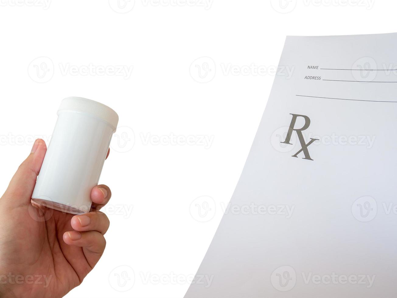 pharmacist with prescription and medicine bottle photo