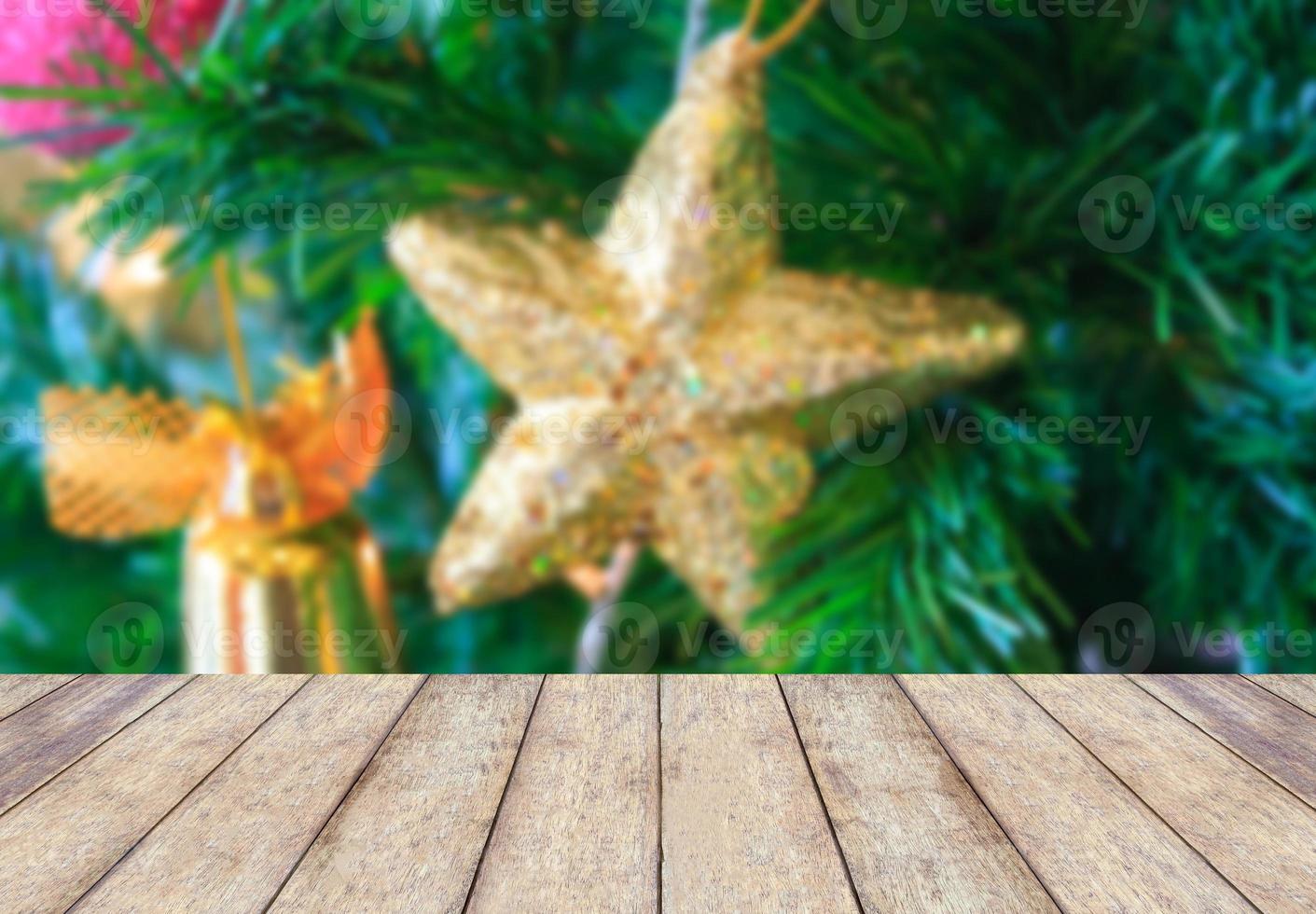 Christmas holiday background with empty rustic wood table photo