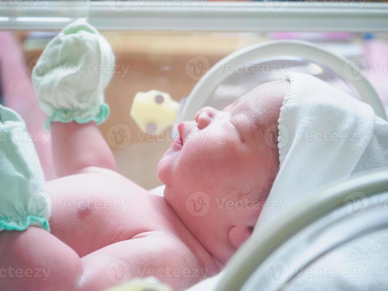 new born baby infant sleep in the incubator at hospital photo