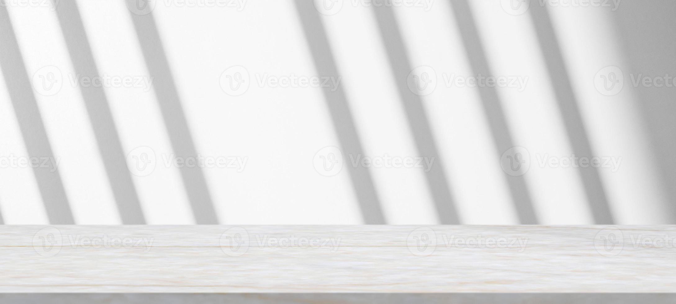 Marble table with window shadow drop on white wall background for mockup product display photo
