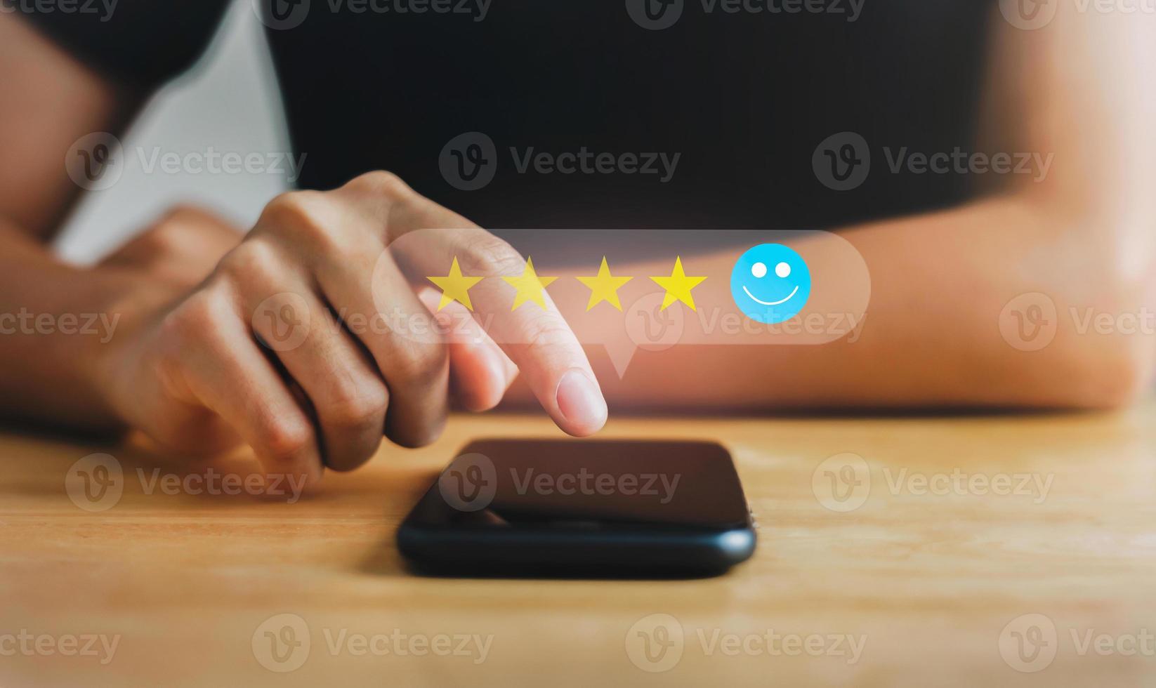 customer services best excellent business rating experience. Satisfaction survey concept. Hand of people chooses  smile face circle on mobile. 5 Star Satisfaction photo