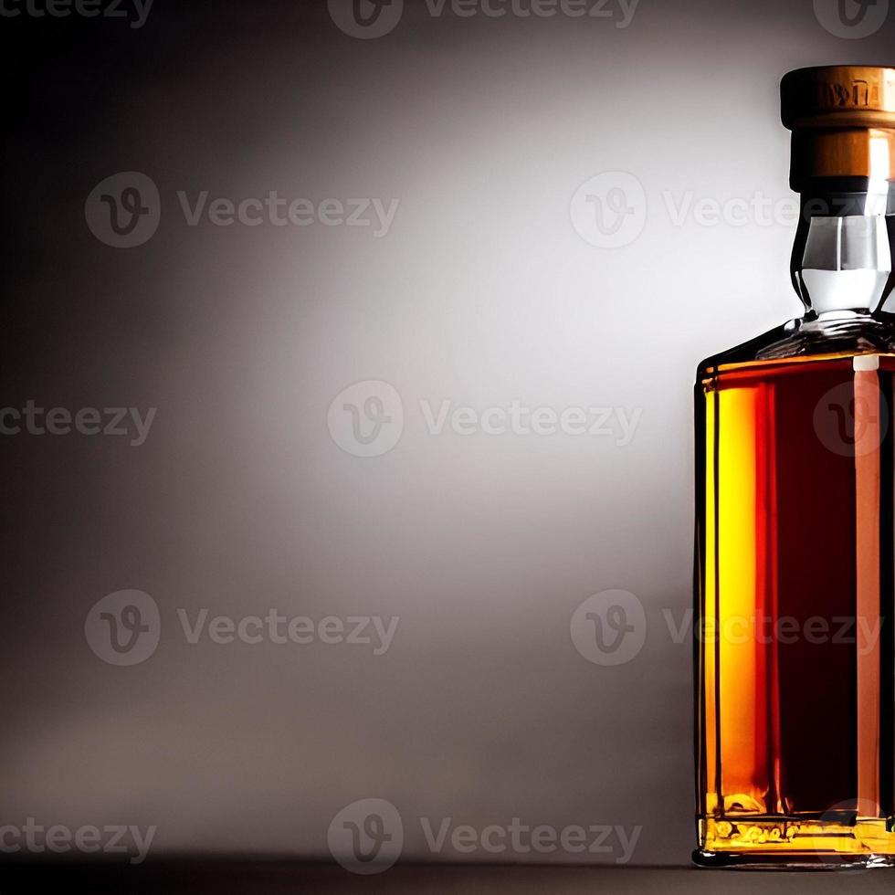 Fresh whiskey on clear glass and bottle also diced ice alcohol drawing. picture and image beverage illustration for background photo