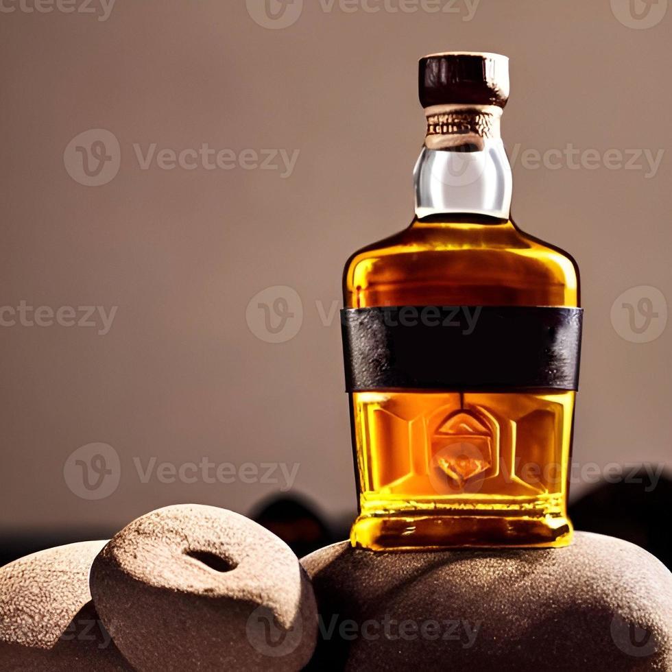 Fresh whiskey on clear glass and bottle also diced ice alcohol drawing. picture and image beverage illustration for background photo