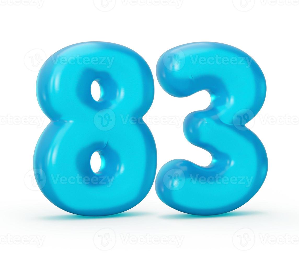 Blue jelly digit 83 Eighty Three isolated on white background Jelly colorful alphabets numbers for kids 3d illustration photo