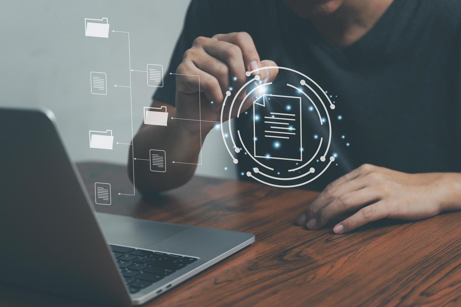 Information on the dms document management system's folder storage and search software, cloud platforms, conceptual datum digital business technology, security, and corporate database. photo