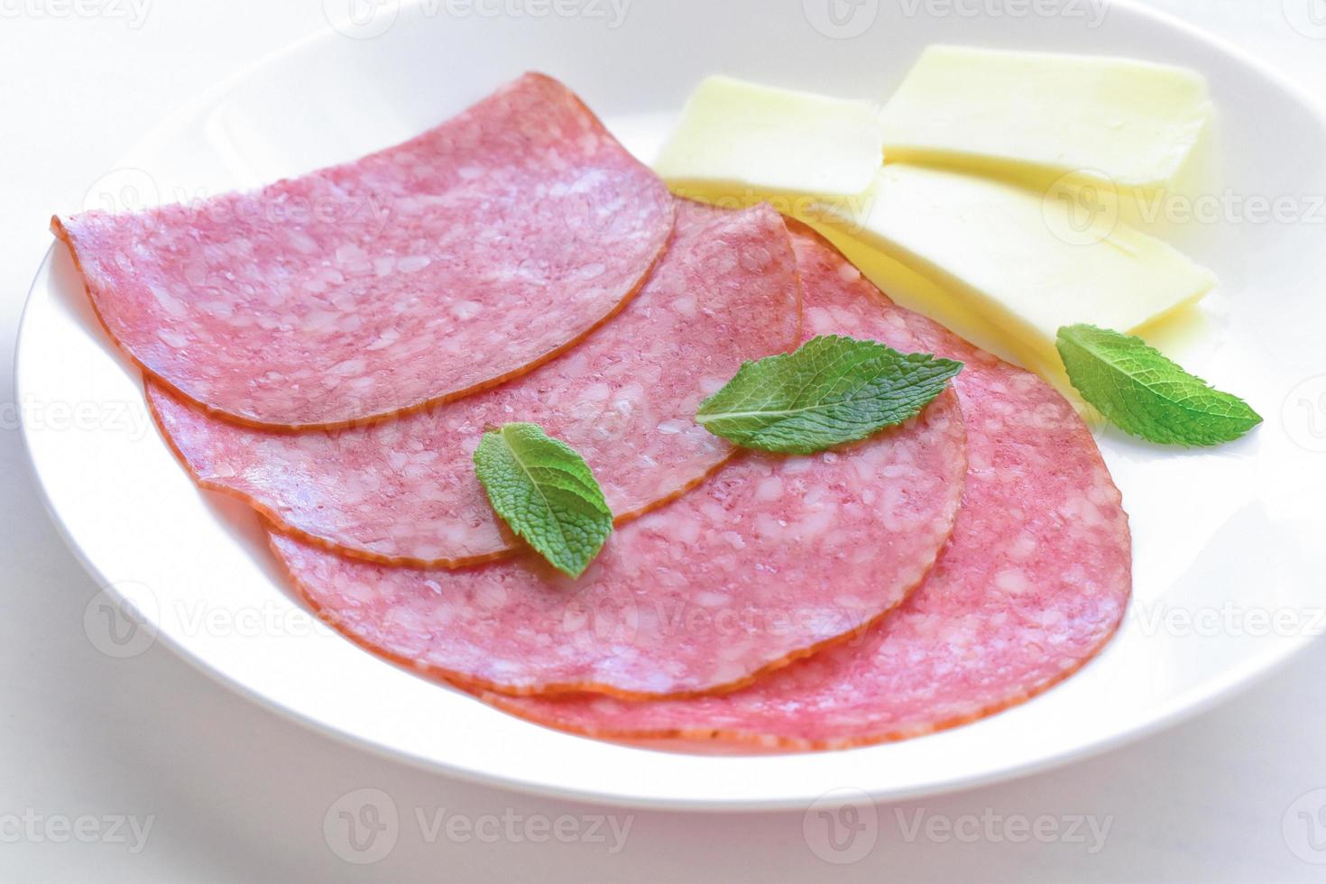 Salami with cheese and mint on a white plate. photo