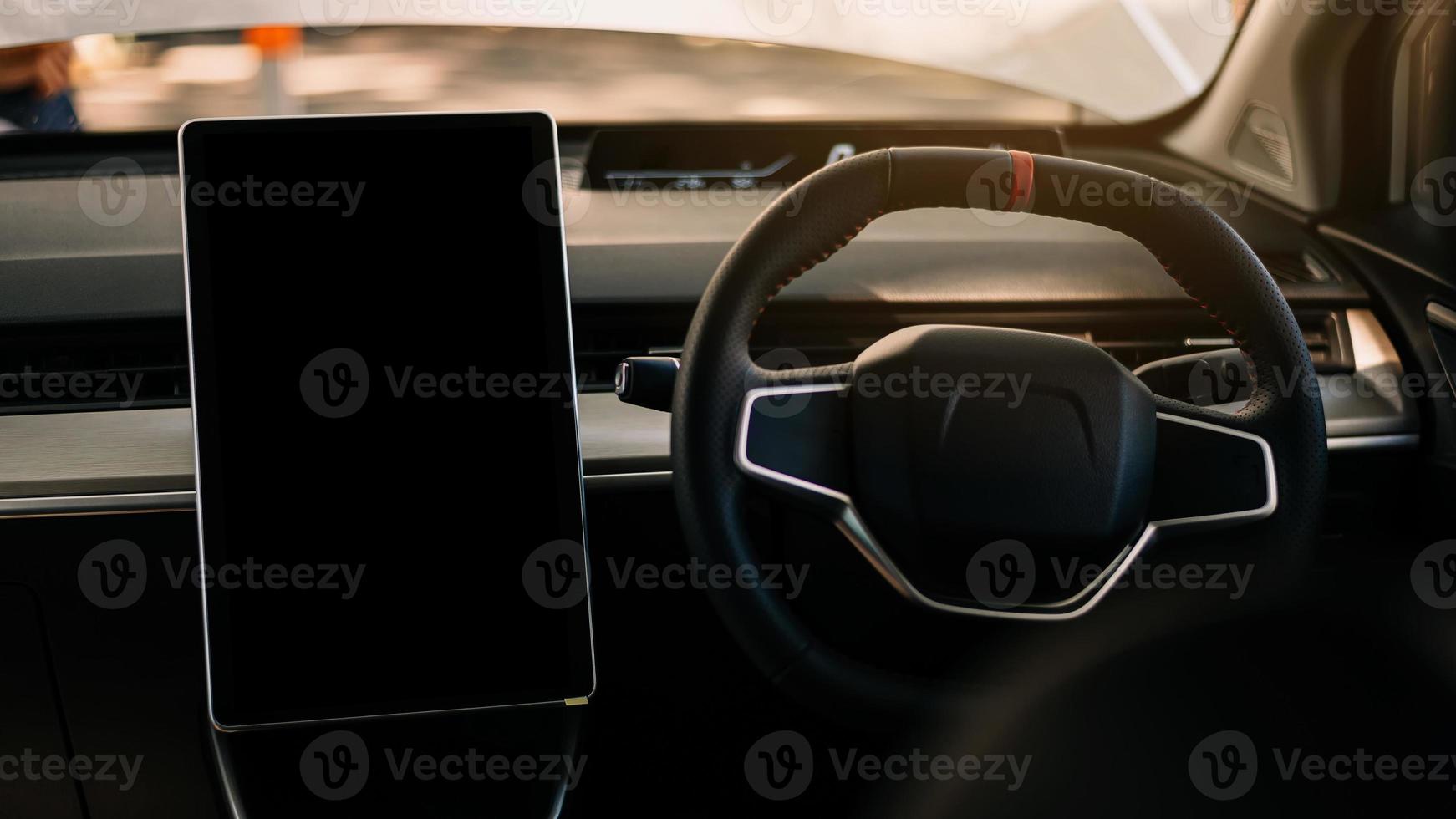 Monitor in EV car with  black screen use for GPS. Isolated on white with clipping path. Car display with blank screen. Modern car photo