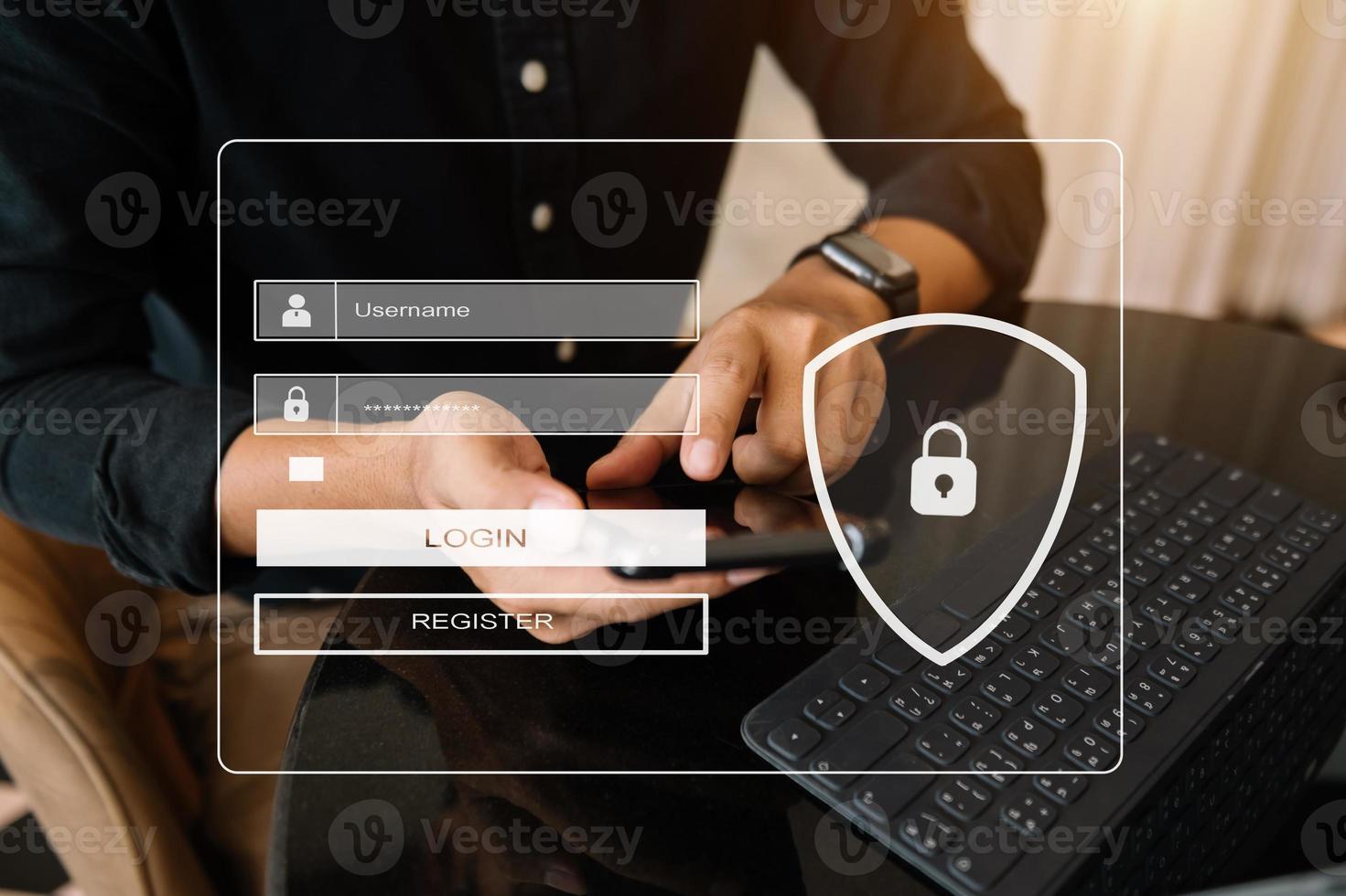 Cyber security concept, Login, User, identification information security and encryption, secure access to user's personal information man using smart phone and tablet photo