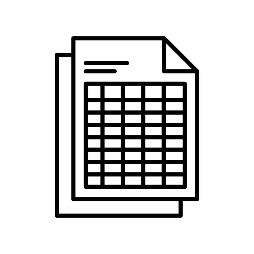 Spreadsheet icon with paper document and cells in black outline style vector
