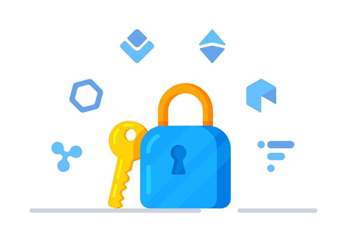 Vector illustration of crypto security. Lock with a key. Lock symbol. Cryptocurrency. Six icons of digital currency.