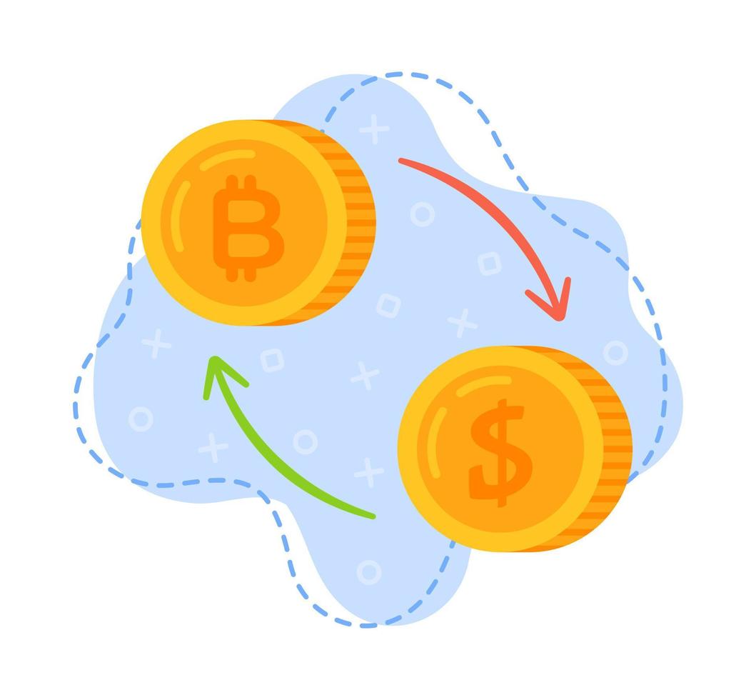 Concept of bitcoin-to-dollar money transfer. Currency translation. vector