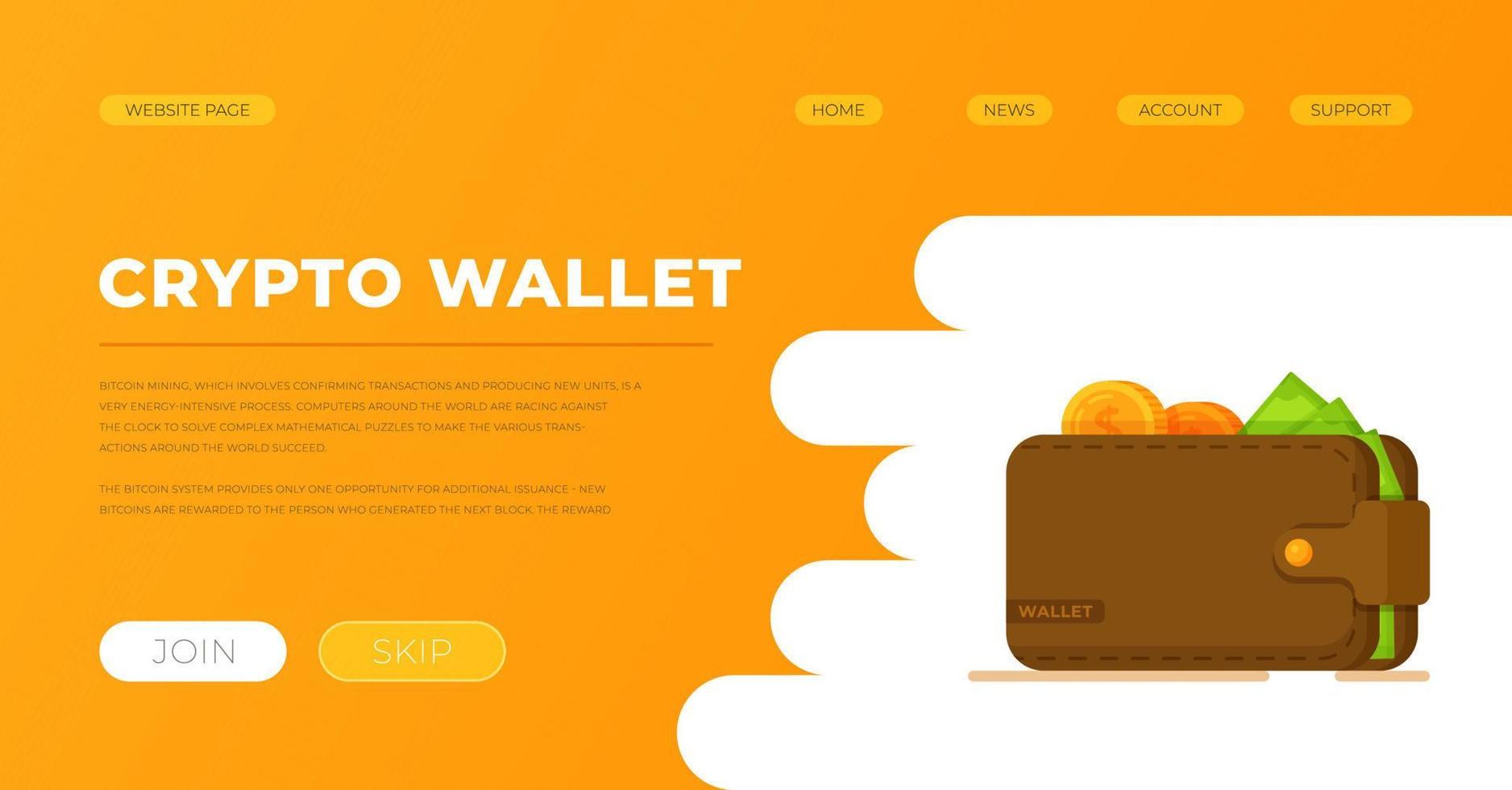 Vector illustration of crypto wallet presentation. Brown leather wallet.