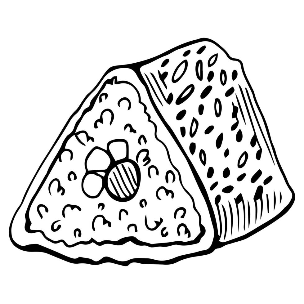 traditional japanese onigiri triangled rice balls with salmon, seasoning, sesame seeds and nori sheets on a wooden plate on a white background vector