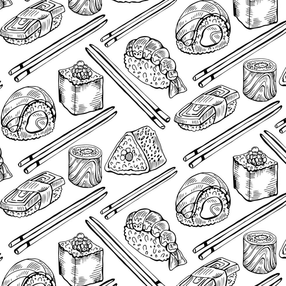 Japanese cuisine sushi and rolls. Seamless vector pattern background