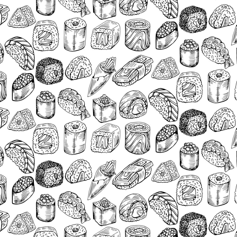 seamless black sushi pattern on white vector
