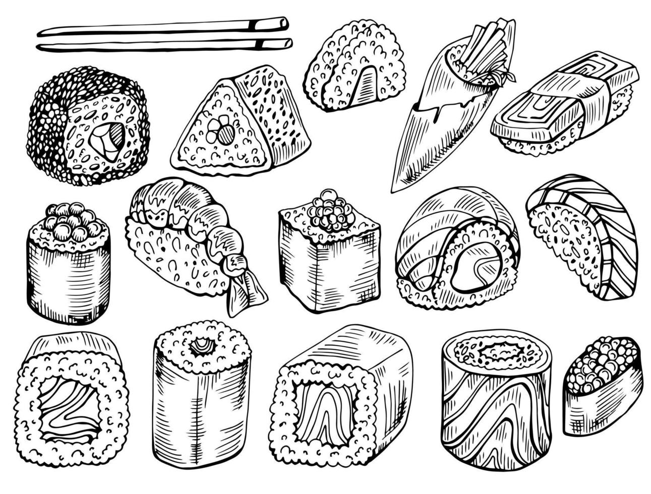 Sushi and rolls set. Japanese traditional cuisine dishes - nigiri, temaki, tamago, sashimi, uramaki, futomaki. Freehand vector drawing isolated on white background for asian restaurant menu.