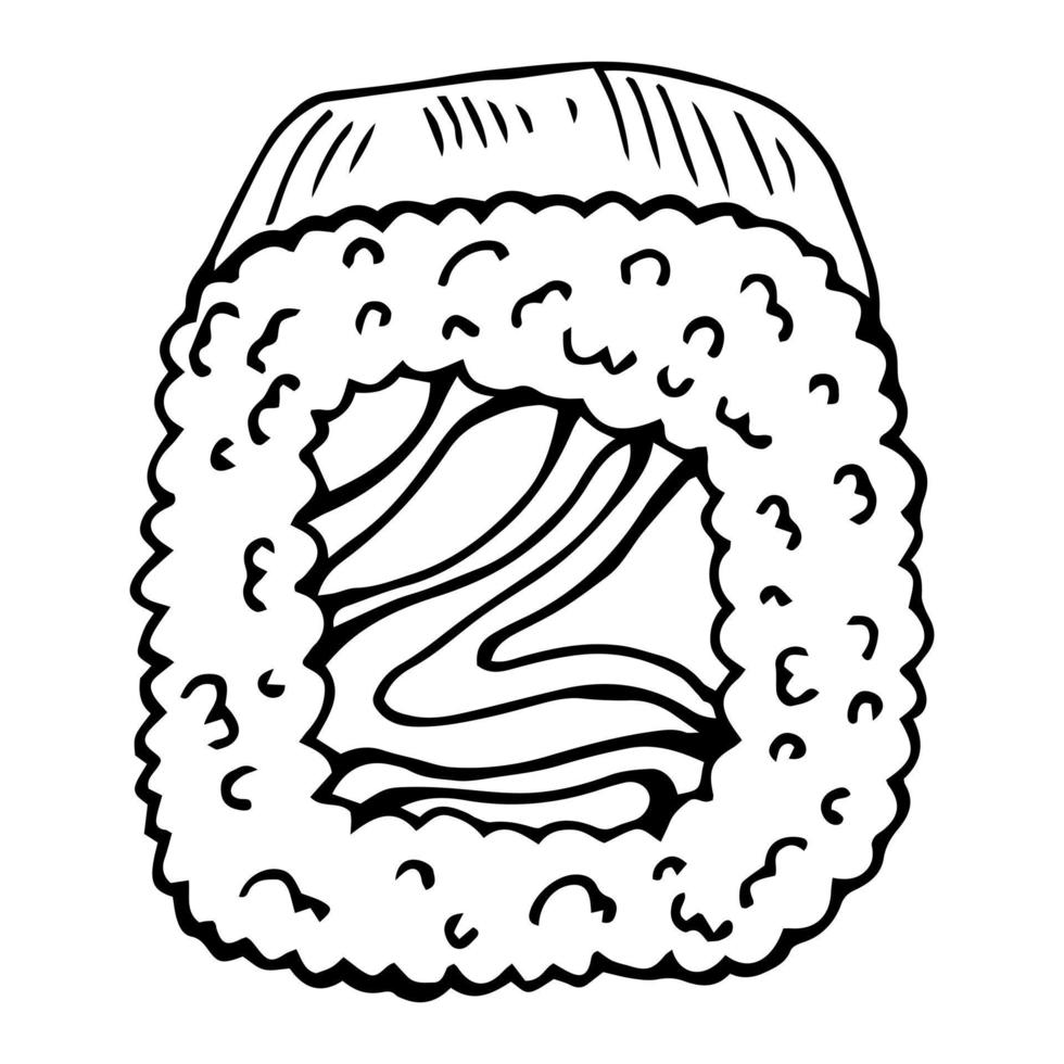 Philadelphia sushi roll in black and white sketch style vector illustration isolated on white background. Traditional japanese asian oriental food with salmon, rice, cheese.