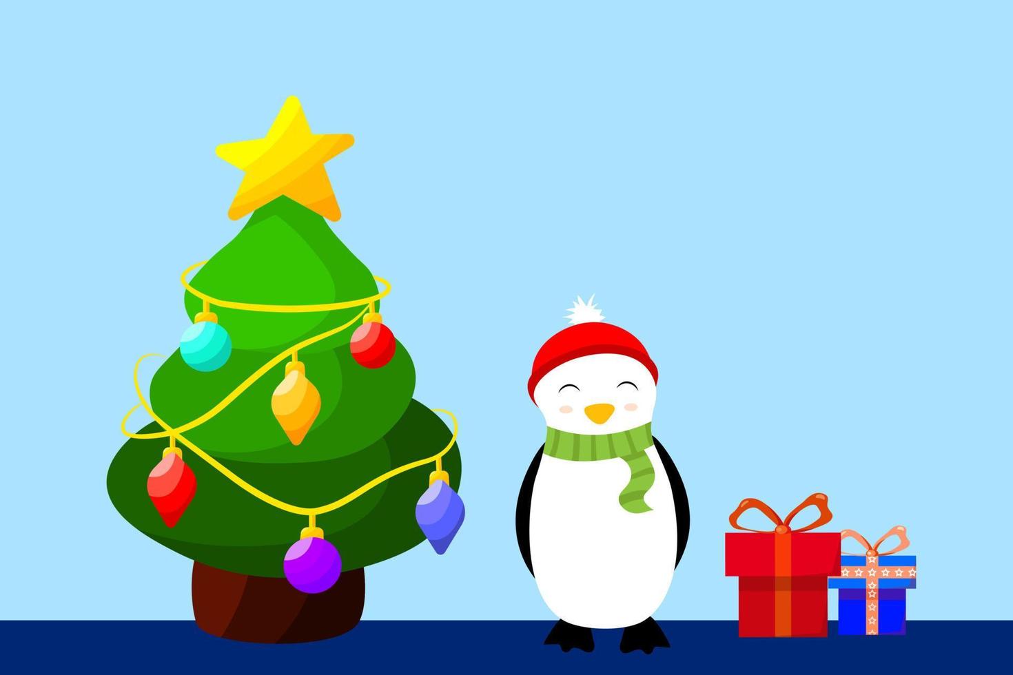 banner de vacaciones de personaje de dibujos animados de vector con árbol de navidad, cajas de regalo y lindo pingüino. plantilla de tarjeta de felicitación de celebración de año nuevo. celebración plana de año nuevo con diseño de personajes animales.